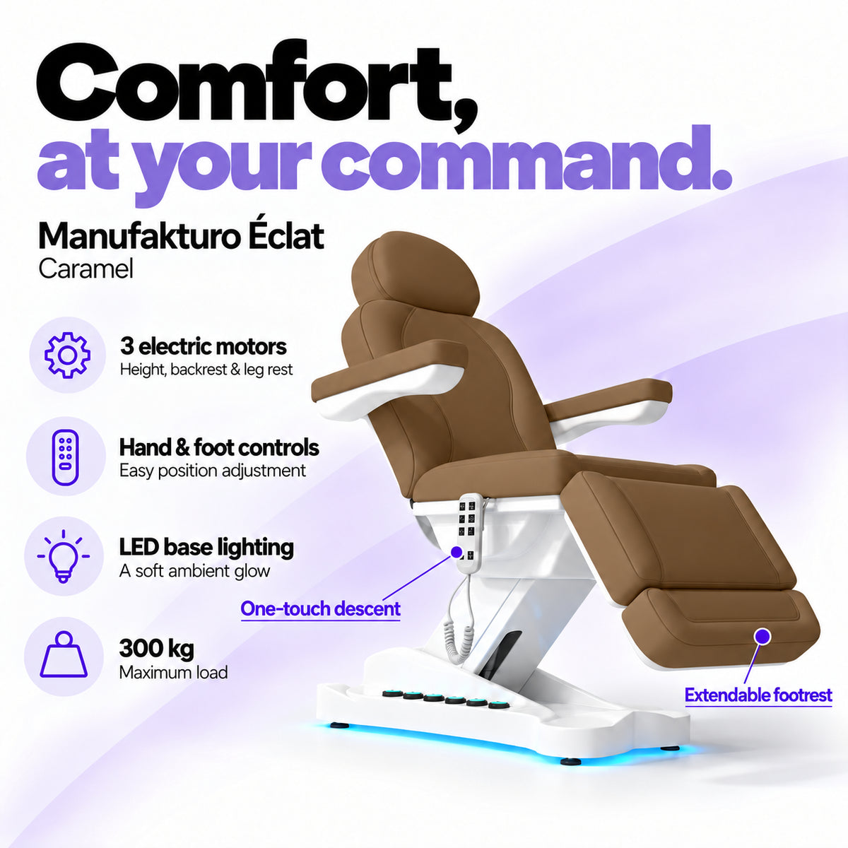 Manufakturo Éclat Caramel electric beauty bed with three electric motors, hand and foot controls, LED base lighting, 300 kg maximum load, one-touch descent, an extendable footrest and a solid one-piece headrest.