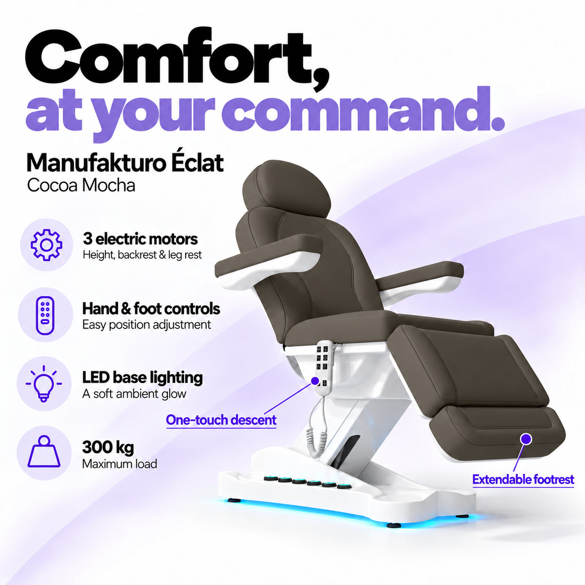 Manufakturo Éclat Cocoa Mocha electric beauty bed with three electric motors, hand and foot controls, LED base lighting, 300 kg maximum load, one-touch descent, an extendable footrest and a solid one-piece headrest.