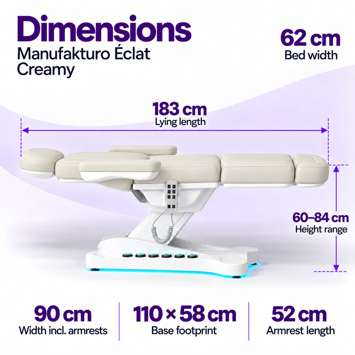 Manufakturo Éclat Creamy beauty bed dimensions: 183 cm lying length, 62 cm bed width, 60–84 cm height range, 90 cm width including armrests, 110 × 58 cm base footprint and 52 cm armrest length.