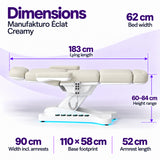 Manufakturo Éclat Creamy beauty bed dimensions: 183 cm lying length, 62 cm bed width, 60–84 cm height range, 90 cm width including armrests, 110 × 58 cm base footprint and 52 cm armrest length.