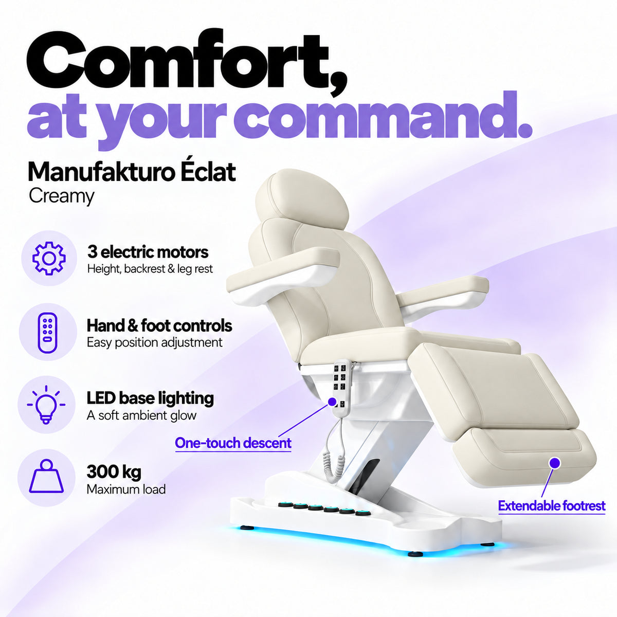 Manufakturo Éclat Creamy electric beauty bed with three electric motors, hand and foot controls, LED base lighting, 300 kg maximum load, one-touch descent, an extendable footrest and a solid one-piece headrest.