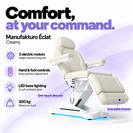 Manufakturo Éclat Creamy electric beauty bed with three electric motors, hand and foot controls, LED base lighting, 300 kg maximum load, one-touch descent, an extendable footrest and a solid one-piece headrest.