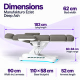 Manufakturo Éclat Deep Ash beauty bed dimensions: 183 cm lying length, 62 cm bed width, 60–84 cm height range, 90 cm width including armrests, 110 × 58 cm base footprint and 52 cm armrest length.