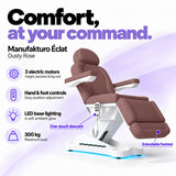Manufakturo Éclat Dusty Rose electric beauty bed with three electric motors, hand and foot controls, LED base lighting, 300 kg maximum load, one-touch descent, an extendable footrest and a solid one-piece headrest.