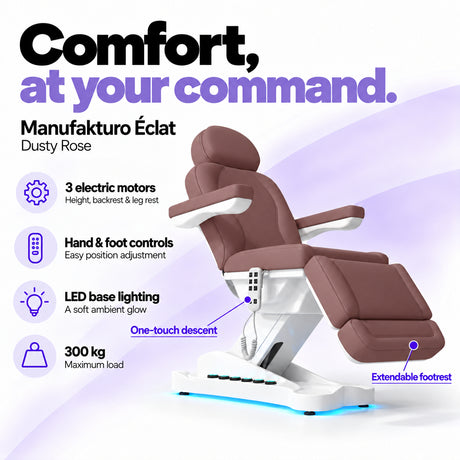 Manufakturo Éclat Dusty Rose electric beauty bed with three electric motors, hand and foot controls, LED base lighting, 300 kg maximum load, one-touch descent, an extendable footrest and a solid one-piece headrest.