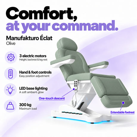 Manufakturo Éclat Olive electric beauty bed with three electric motors, hand and foot controls, LED base lighting, 300 kg maximum load, one-touch descent, an extendable footrest and a solid one-piece headrest.