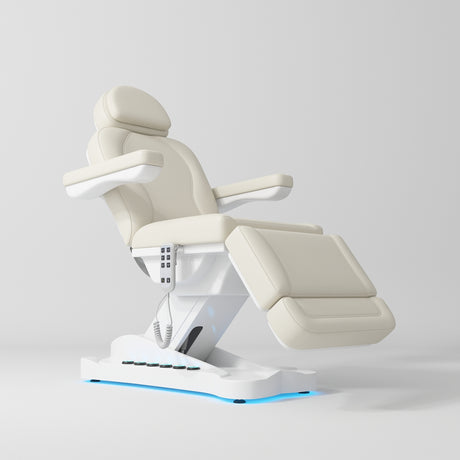 Manufakturo Éclat Salon Beauty Bed with Footrest Controls Creamy - close-up of the upholstery and construction details