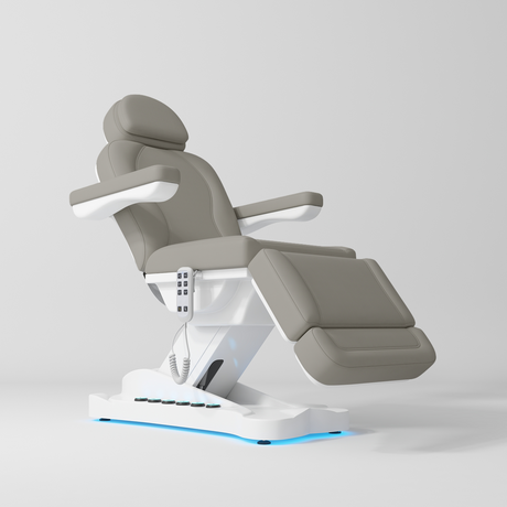 Manufakturo Éclat Salon Beauty Bed with Footrest Controls Pearl Greige - close-up of the upholstery and construction details