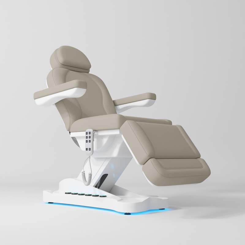 Manufakturo Éclat Salon Beauty Bed with Footrest Controls Stone Taupe - close-up of the upholstery and construction details