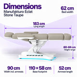 Manufakturo Éclat Stone Taupe beauty bed dimensions: 183 cm lying length, 62 cm bed width, 60–84 cm height range, 90 cm width including armrests, 110 × 58 cm base footprint and 52 cm armrest length.
