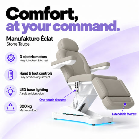 Manufakturo Éclat Stone Taupe electric beauty bed with three electric motors, hand and foot controls, LED base lighting, 300 kg maximum load, one-touch descent, an extendable footrest and a solid one-piece headrest.