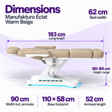 Manufakturo Éclat Warm Beige beauty bed dimensions: 183 cm lying length, 62 cm bed width, 60–84 cm height range, 90 cm width including armrests, 110 × 58 cm base footprint and 52 cm armrest length.