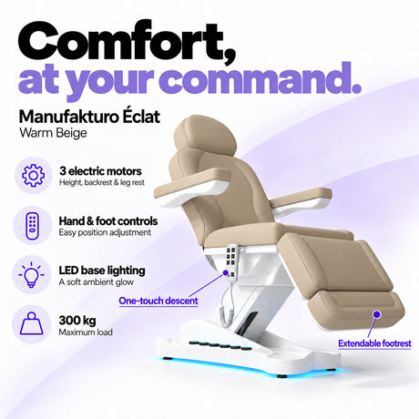 Manufakturo Éclat Warm Beige electric beauty bed with three electric motors, hand and foot controls, LED base lighting, 300 kg maximum load, one-touch descent, an extendable footrest and a solid one-piece headrest.