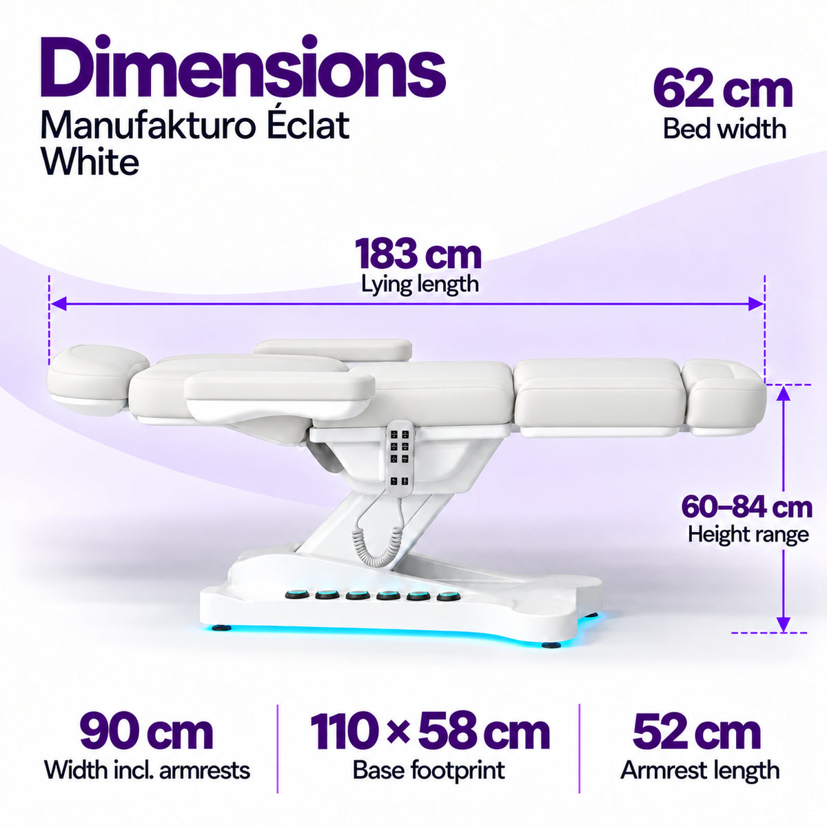 Manufakturo Éclat White beauty bed dimensions: 183 cm lying length, 62 cm bed width, 60–84 cm height range, 90 cm width including armrests, 110 × 58 cm base footprint and 52 cm armrest length.
