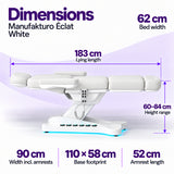 Manufakturo Éclat White beauty bed dimensions: 183 cm lying length, 62 cm bed width, 60–84 cm height range, 90 cm width including armrests, 110 × 58 cm base footprint and 52 cm armrest length.