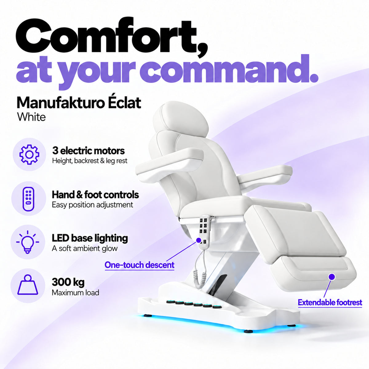 Manufakturo Éclat White electric beauty bed with three electric motors, hand and foot controls, LED base lighting, 300 kg maximum load, one-touch descent, an extendable footrest and a solid one-piece headrest.
