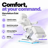 Manufakturo Éclat White electric beauty bed with three electric motors, hand and foot controls, LED base lighting, 300 kg maximum load, one-touch descent, an extendable footrest and a solid one-piece headrest.