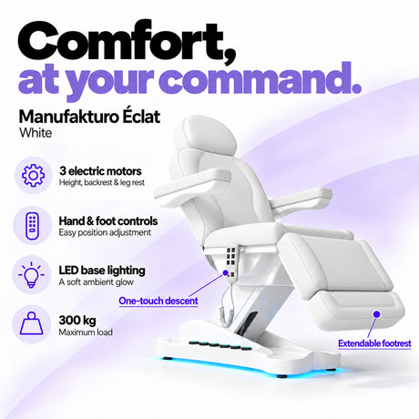 Manufakturo Éclat White electric beauty bed with three electric motors, hand and foot controls, LED base lighting, 300 kg maximum load, one-touch descent, an extendable footrest and a solid one-piece headrest.