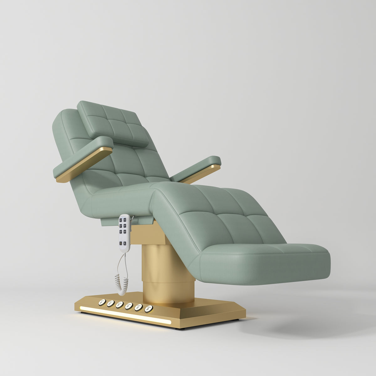Manufakturo Saphir version B Electric Salon Bed with Dual Controls Olive - close-up of the upholstery and construction details