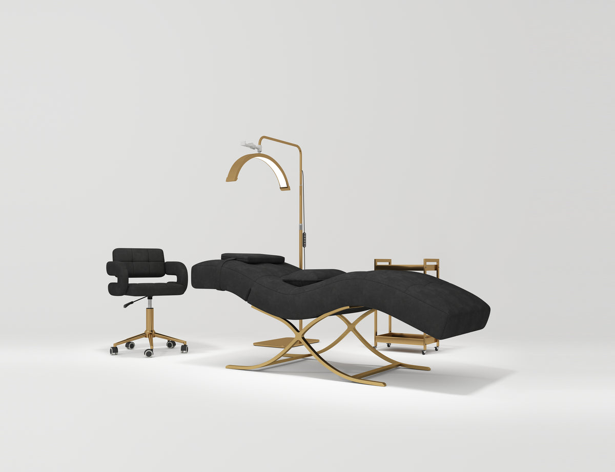 Manufakturo Elegance Lash Bed - Gold Frame & Adjustable Headrest Black - close-up of the upholstery and construction details