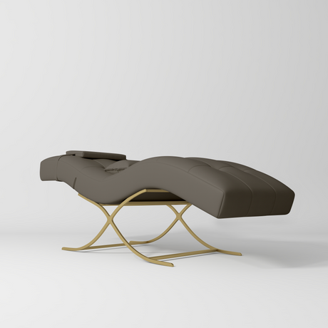 Manufakturo Elegance Lash Bed - Gold Frame & Adjustable Headrest Cocoa Mocha - displayed in a professional treatment-room setting
