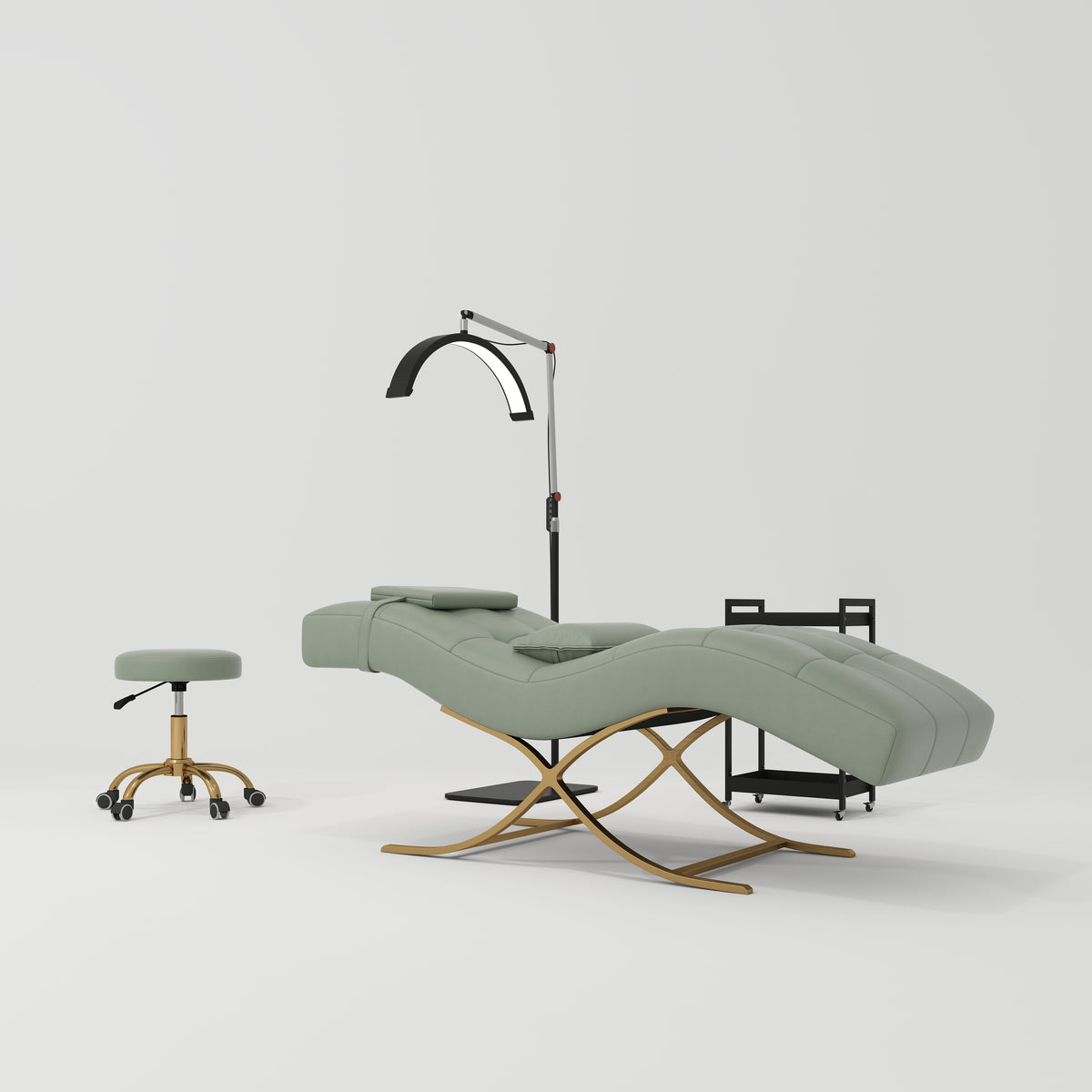 Manufakturo Elegance Lash Bed - Gold Frame & Adjustable Headrest Olive - close-up of the upholstery and construction details