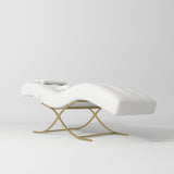 Manufakturo Elegance Lash Bed - Gold Frame & Adjustable Headrest White - displayed in a professional treatment-room setting