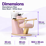 Manufakturo Élise Bare Blush backwash unit dimensions: 120 cm overall length, 63 cm width, 102 cm height, 48 cm seat height and 50.5 x 56 cm basin.