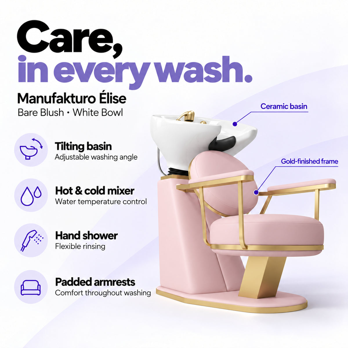 Manufakturo Élise Bare Blush hair salon backwash unit with a white tilting ceramic basin, hot and cold mixer, hand shower and padded armrests.