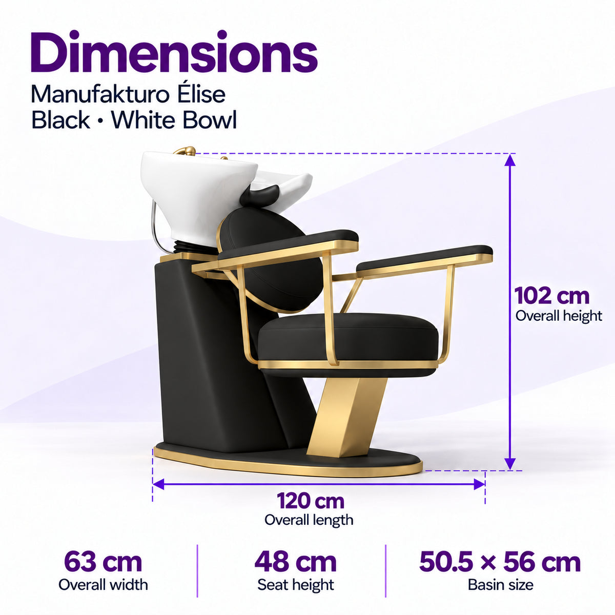Manufakturo Élise Black backwash unit dimensions: 120 cm overall length, 63 cm width, 102 cm height, 48 cm seat height and 50.5 x 56 cm basin.