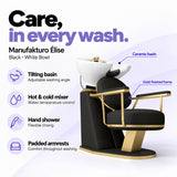 Manufakturo Élise Black hair salon backwash unit with a white tilting ceramic basin, hot and cold mixer, hand shower and padded armrests.