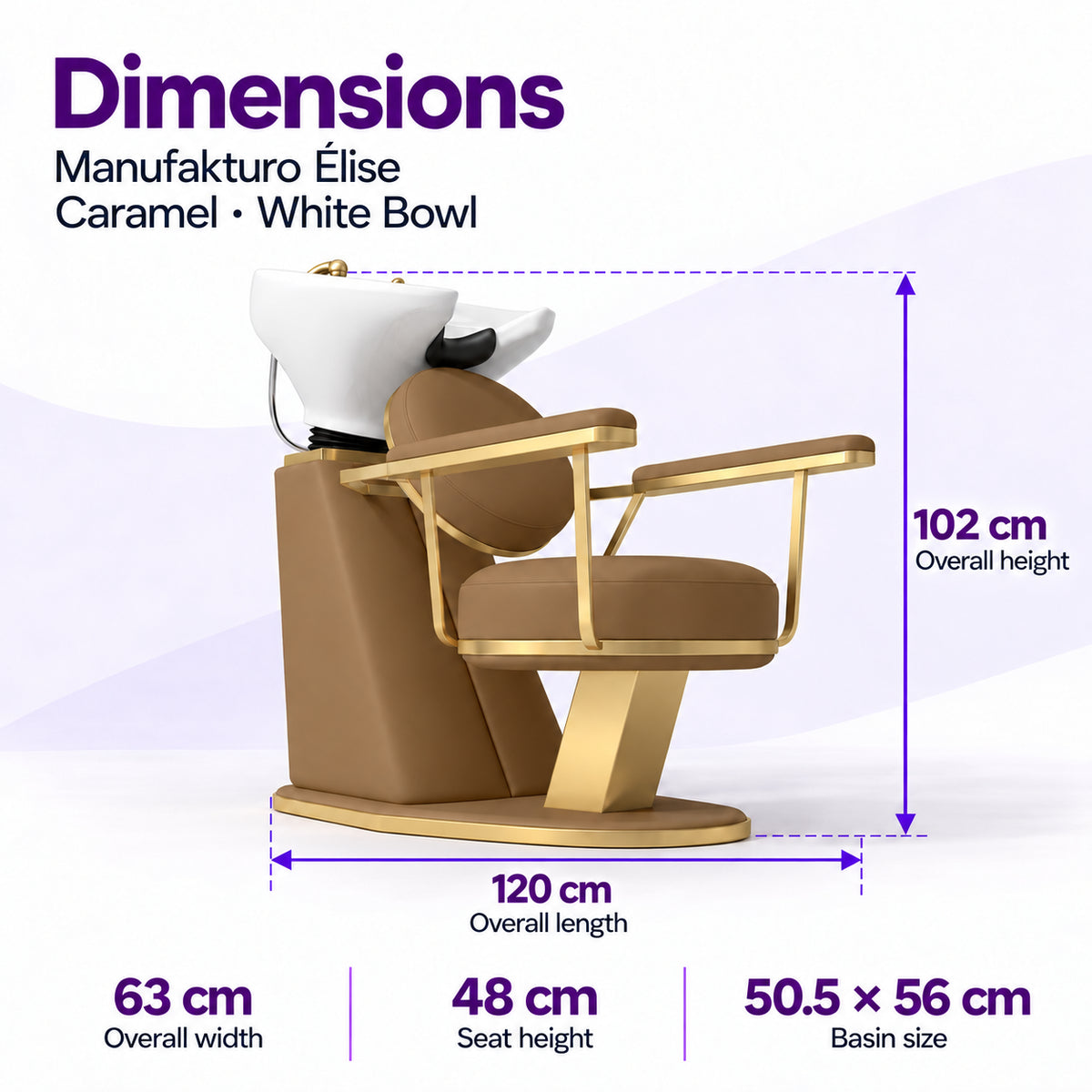 Manufakturo Élise Caramel backwash unit dimensions: 120 cm overall length, 63 cm width, 102 cm height, 48 cm seat height and 50.5 x 56 cm basin.