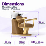 Manufakturo Élise Caramel backwash unit dimensions: 120 cm overall length, 63 cm width, 102 cm height, 48 cm seat height and 50.5 x 56 cm basin.