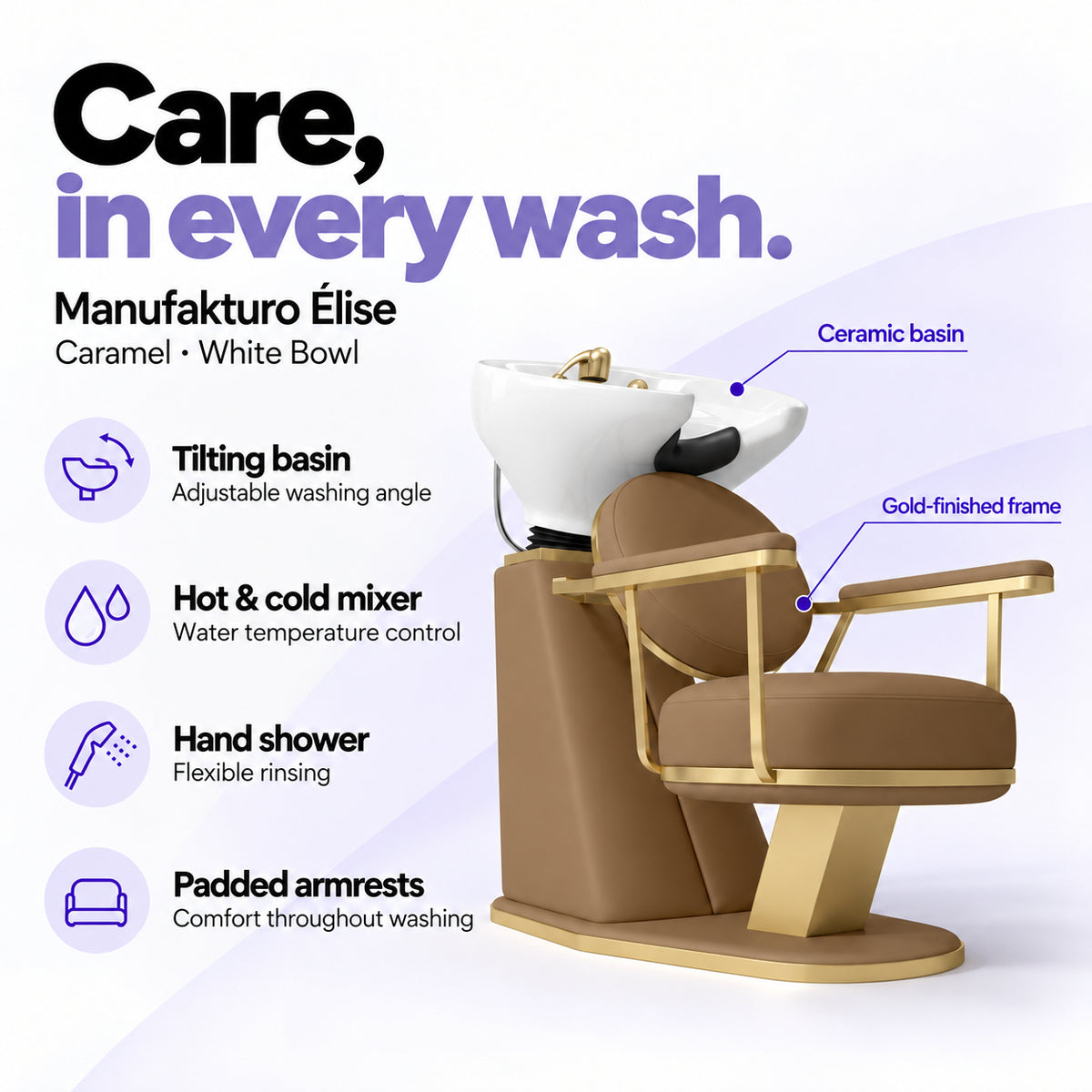 Manufakturo Élise Caramel hair salon backwash unit with a white tilting ceramic basin, hot and cold mixer, hand shower and padded armrests.