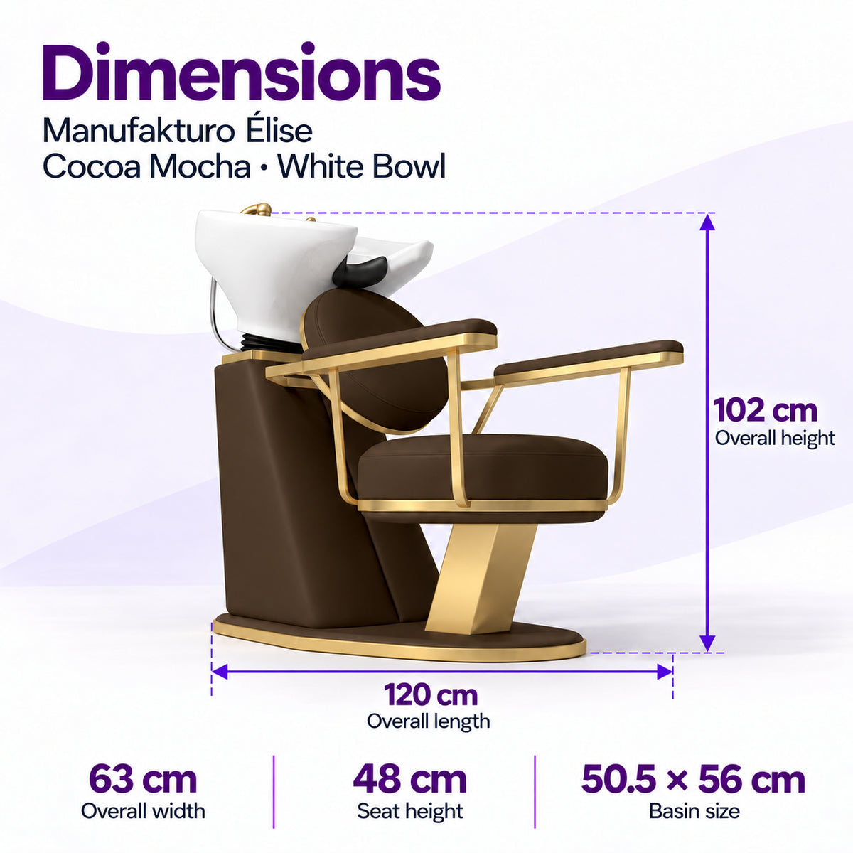 Manufakturo Élise Cocoa Mocha backwash unit dimensions: 120 cm overall length, 63 cm width, 102 cm height, 48 cm seat height and 50.5 x 56 cm basin.