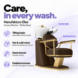 Manufakturo Élise Cocoa Mocha hair salon backwash unit with a white tilting ceramic basin, hot and cold mixer, hand shower and padded armrests.