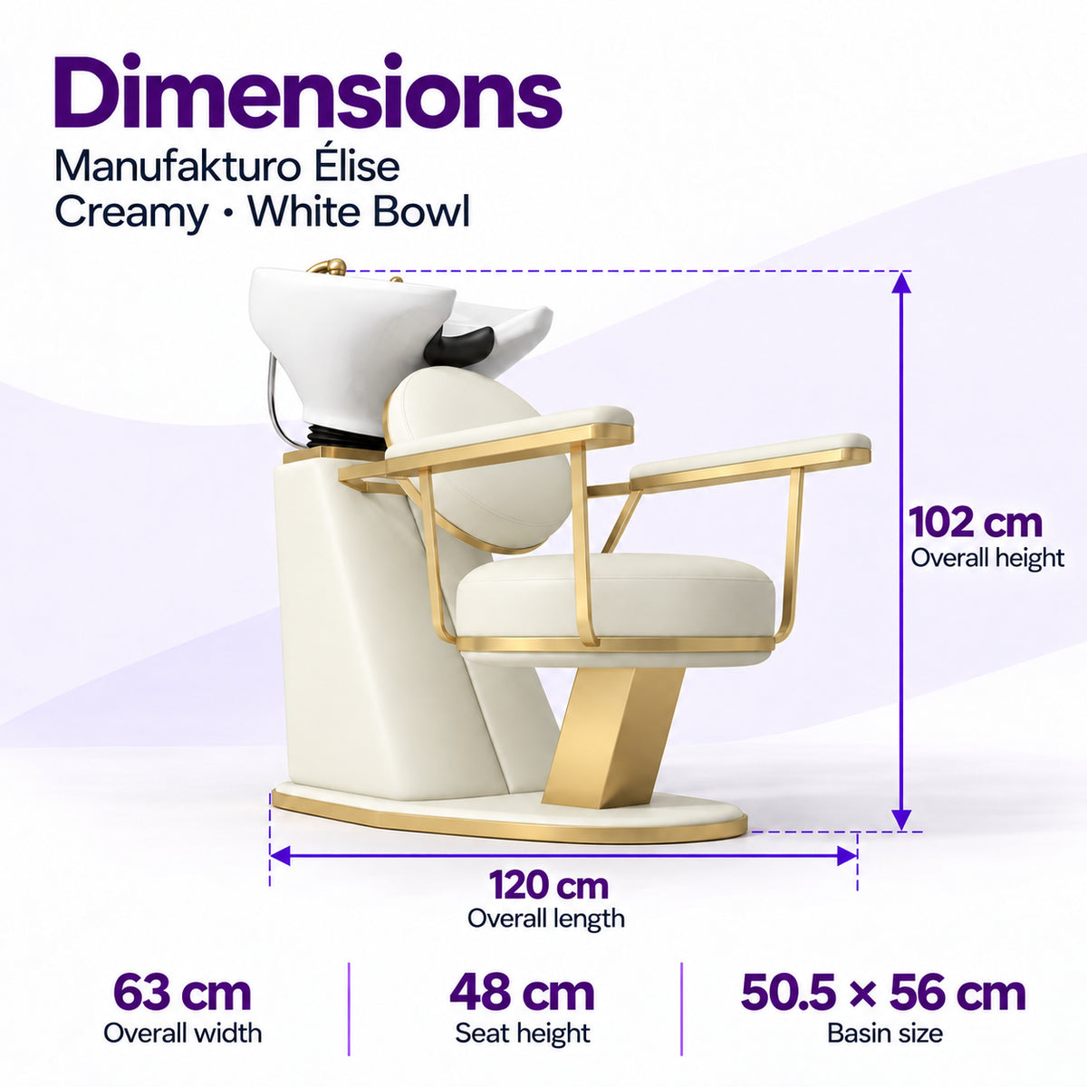 Manufakturo Élise Creamy backwash unit dimensions: 120 cm overall length, 63 cm width, 102 cm height, 48 cm seat height and 50.5 x 56 cm basin.