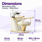 Manufakturo Élise Creamy backwash unit dimensions: 120 cm overall length, 63 cm width, 102 cm height, 48 cm seat height and 50.5 x 56 cm basin.