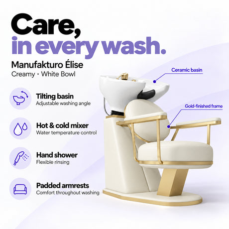 Manufakturo Élise Creamy hair salon backwash unit with a white tilting ceramic basin, hot and cold mixer, hand shower and padded armrests.