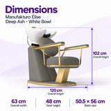 Manufakturo Élise Deep Ash backwash unit dimensions: 120 cm overall length, 63 cm width, 102 cm height, 48 cm seat height and 50.5 x 56 cm basin.