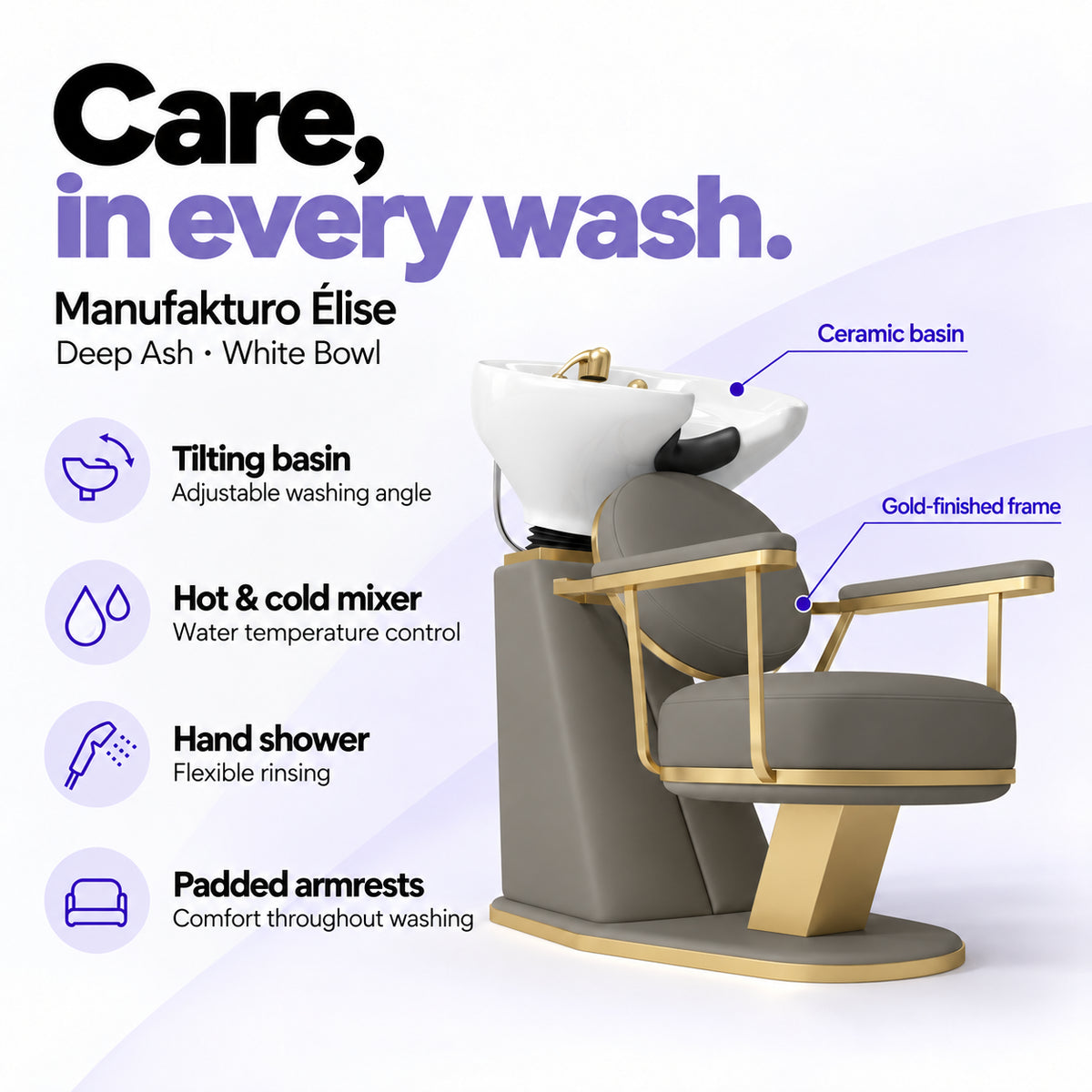 Manufakturo Élise Deep Ash hair salon backwash unit with a white tilting ceramic basin, hot and cold mixer, hand shower and padded armrests.