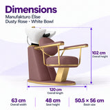 Manufakturo Élise Dusty Rose backwash unit dimensions: 120 cm overall length, 63 cm width, 102 cm height, 48 cm seat height and 50.5 x 56 cm basin.