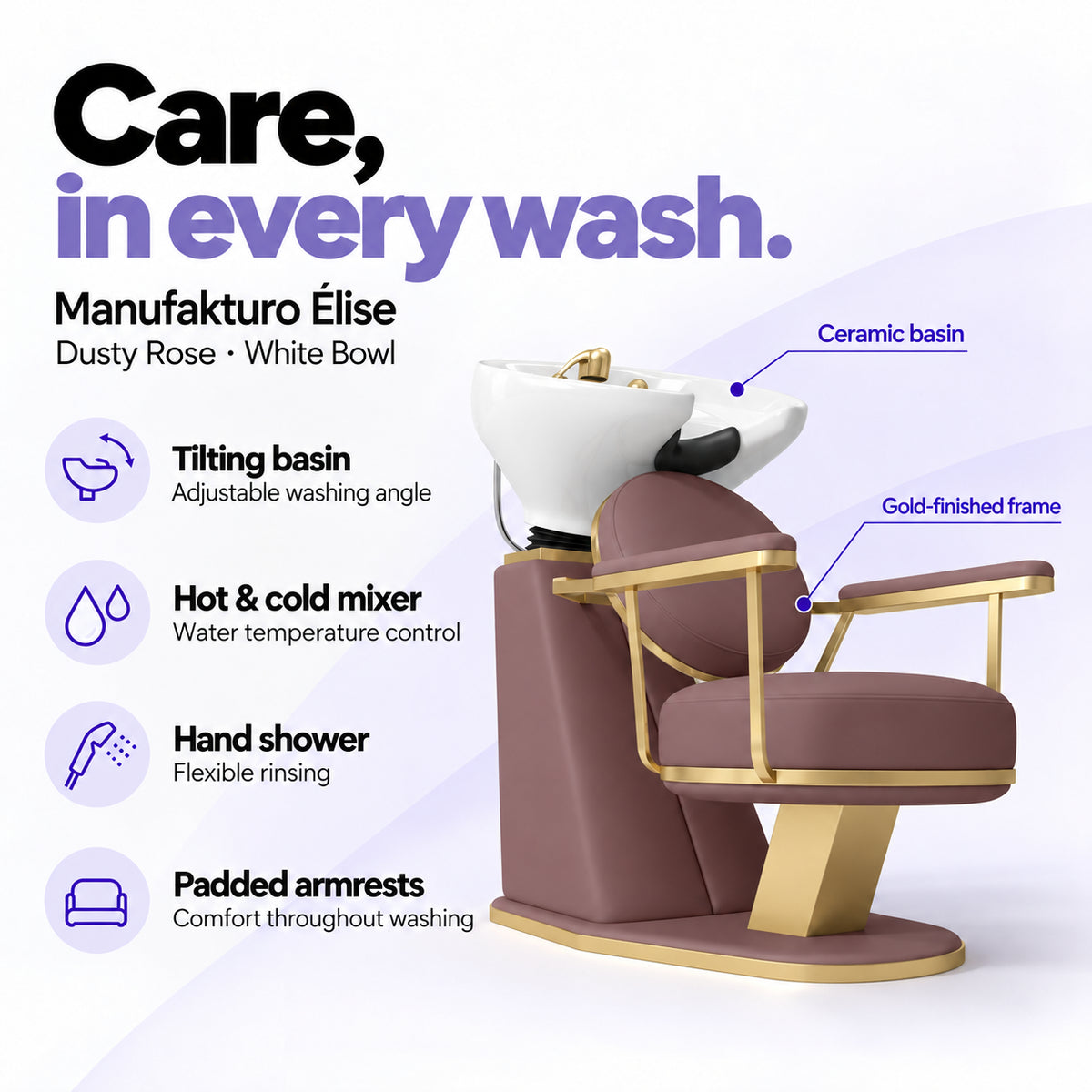 Manufakturo Élise Dusty Rose hair salon backwash unit with a white tilting ceramic basin, hot and cold mixer, hand shower and padded armrests.