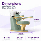 Manufakturo Élise Olive backwash unit dimensions: 120 cm overall length, 63 cm width, 102 cm height, 48 cm seat height and 50.5 x 56 cm basin.