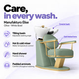 Manufakturo Élise Olive hair salon backwash unit with a white tilting ceramic basin, hot and cold mixer, hand shower and padded armrests.