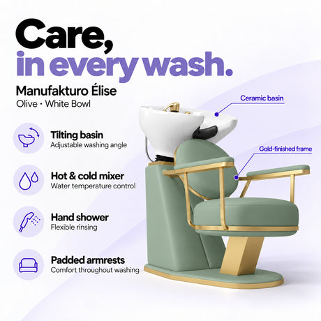 Manufakturo Élise Olive hair salon backwash unit with a white tilting ceramic basin, hot and cold mixer, hand shower and padded armrests.