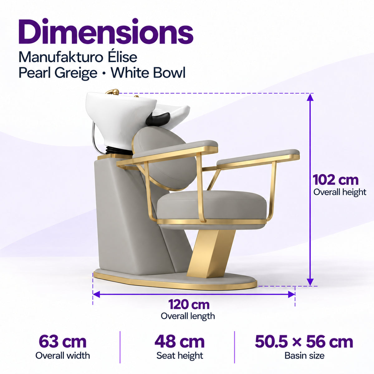 Manufakturo Élise Pearl Greige backwash unit dimensions: 120 cm overall length, 63 cm width, 102 cm height, 48 cm seat height and 50.5 x 56 cm basin.
