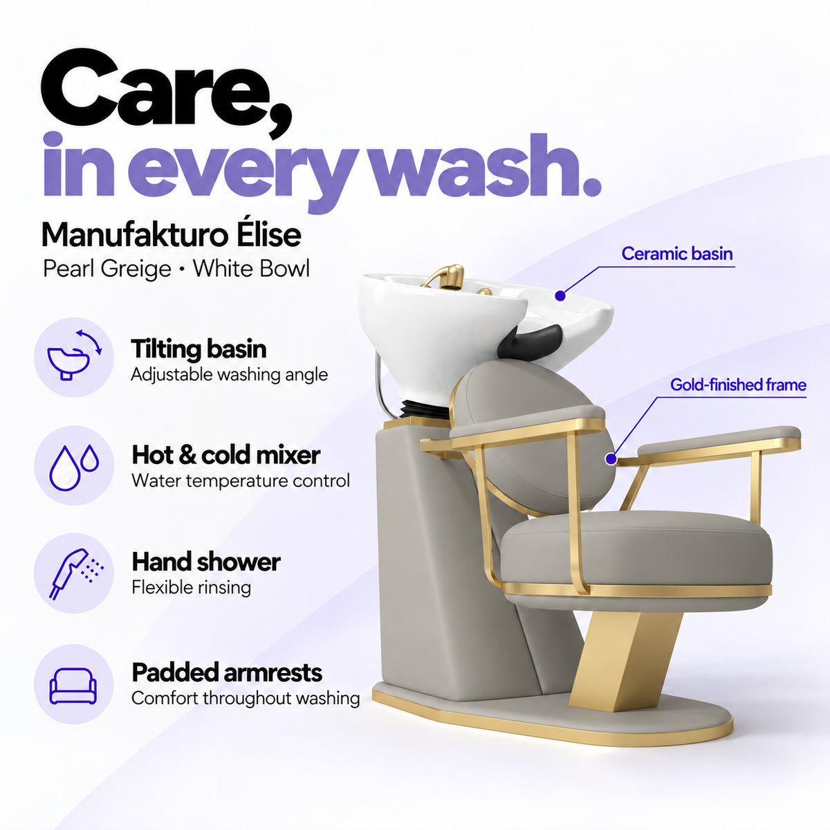 Manufakturo Élise Pearl Greige hair salon backwash unit with a white tilting ceramic basin, hot and cold mixer, hand shower and padded armrests.