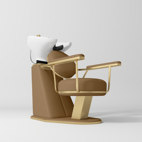 Manufakturo Élise Premium Hair Salon Backwash Chair Caramel - White Bowl - displayed in a professional treatment-room setting