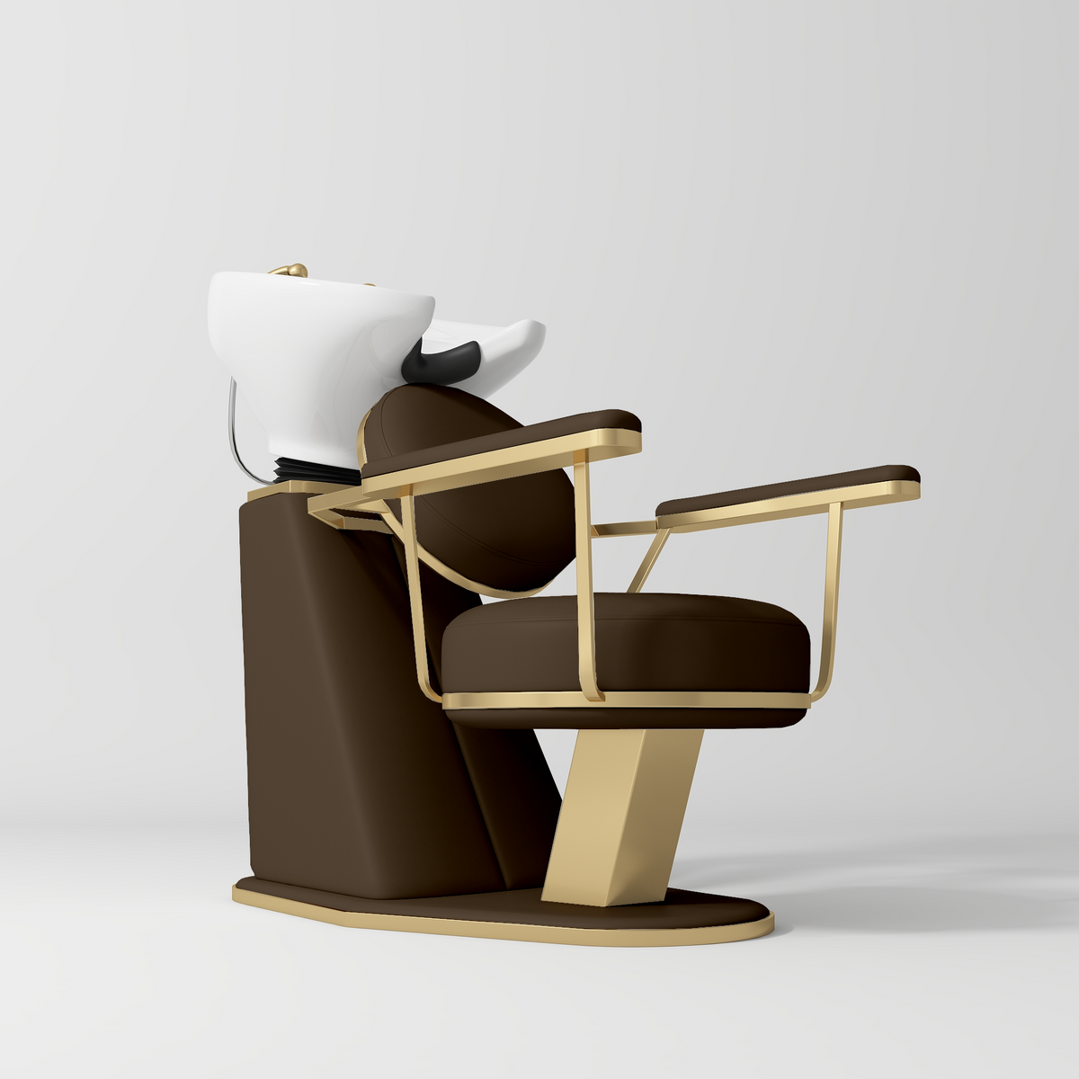 Manufakturo Élise Premium Hair Salon Backwash Chair Cocoa Mocha - White Bowl - displayed in a professional treatment-room setting